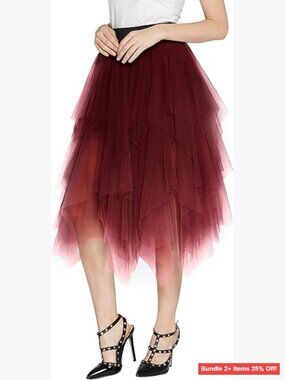 Sheer Tutu Skirt Tulle Mesh Layered Midi High Waist Elastic Waistband